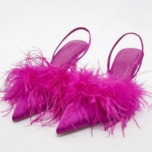 Pink feather Zara slingback heels. Gently used, some scratches but not obvious.